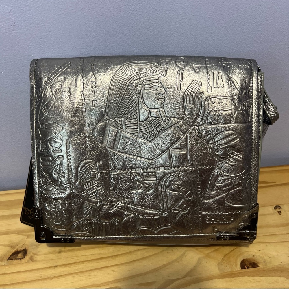NWT Sharif Silver Leather Hieroglyphics Bag